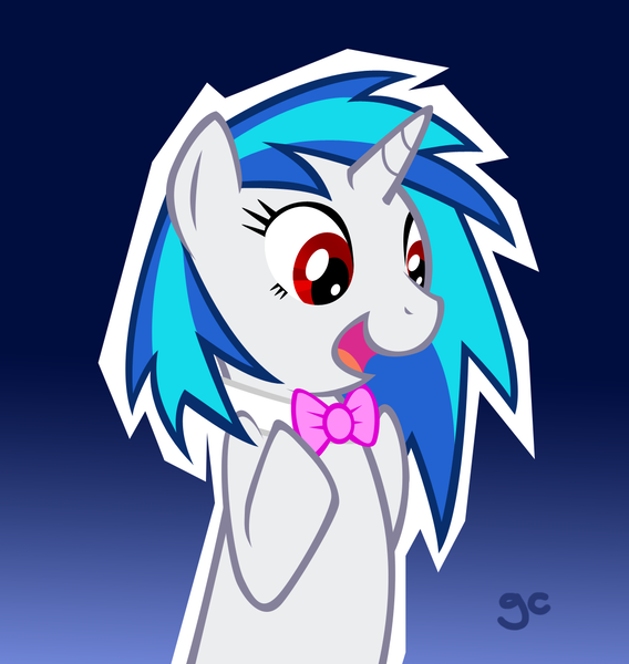 Size: 1121x1184 | Tagged: safe, artist:grilledcat, derpibooru import, vinyl scratch, pony, unicorn, bowtie, female, gradient background, mare, photoshop, red eyes, solo