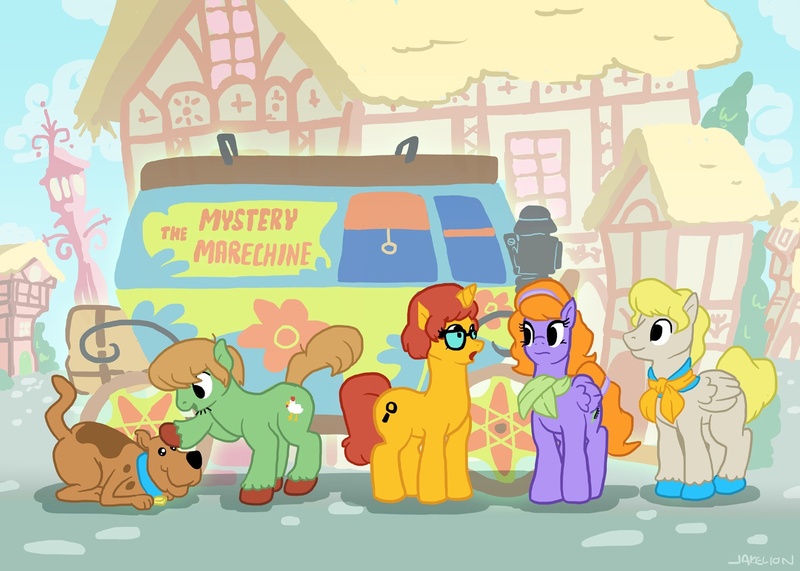 Size: 1400x1000 | Tagged: artist:docwario, daphne blake, derpibooru import, fred jones, hilarious in hindsight, mystery machine, ponified, safe, scooby doo, shaggy rogers, velma dinkley