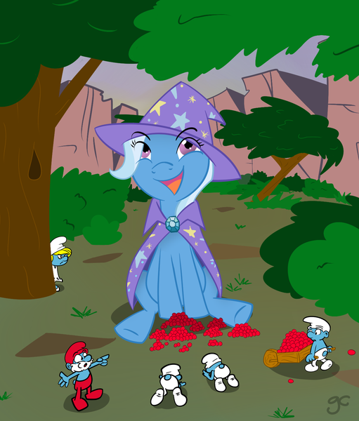 Size: 1213x1425 | Tagged: safe, artist:grilledcat, derpibooru import, trixie, pony, unicorn, berry, crossover, female, mare, papa smurf, sitting, smurfette, smurfs, tree, worship