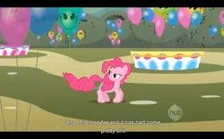 Size: 1024x640 | Tagged: balloon, canterlot hedge maze, derpibooru import, pinkie pie, safe, screencap, solo, the return of harmony, vulgar, youtube caption