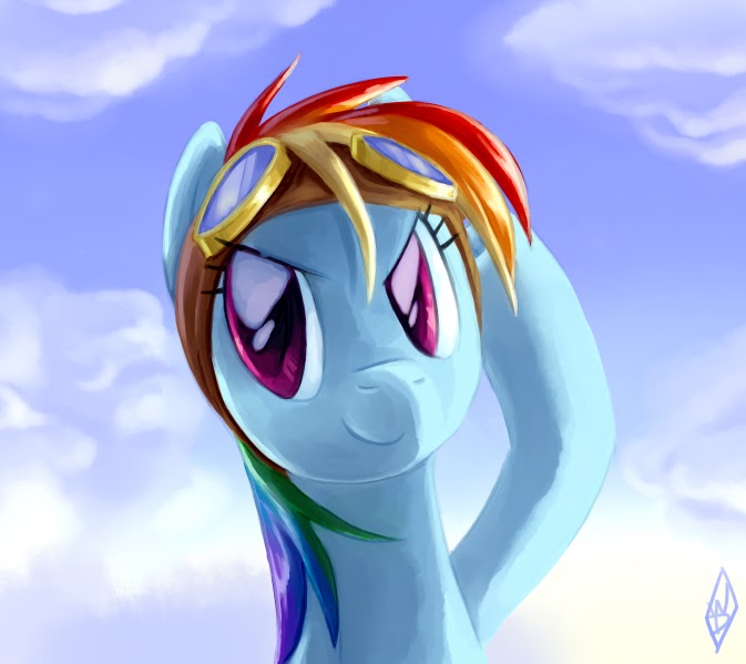 Size: 673x599 | Tagged: safe, artist:whitediamonds, derpibooru import, rainbow dash, pegasus, pony, bust, female, goggles, mare, portrait, sky, solo