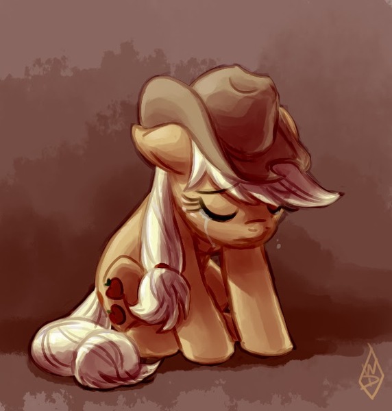 Size: 649x681 | Tagged: safe, artist:whitediamonds, derpibooru import, applejack, earth pony, pony, applejack's hat, cowboy hat, crying, eyes closed, female, floppy ears, gradient background, hat, mare, sad, sitting, solo