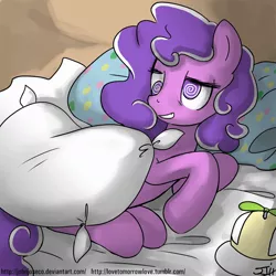 Size: 900x900 | Tagged: safe, artist:johnjoseco, derpibooru import, screwball, earth pony, pony, the return of harmony, adobe imageready, bed, female, hat, mare, morning ponies, pillow, propeller hat, quill, side, smiling, solo, swirly eyes