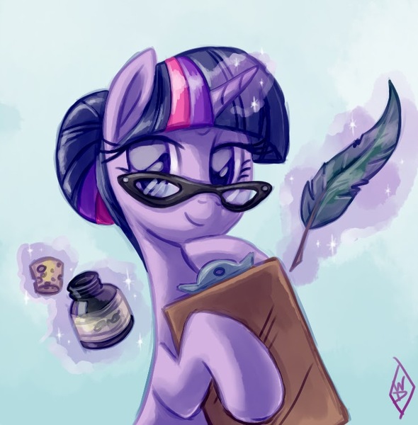 Size: 739x751 | Tagged: safe, artist:whitediamonds, derpibooru import, twilight sparkle, pony, unicorn, alternate hairstyle, bun hairstyle, clipboard, colored pupils, female, glasses, gradient background, hair bun, ink, levitation, looking at you, magic, magic aura, mare, quill, signature, smiling, smirk, solo, telekinesis, twilight's professional glasses, unicorn twilight