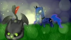 Size: 1920x1080 | Tagged: safe, artist:nyan-tortik, derpibooru import, princess luna, alicorn, dragon, firefly (insect), night fury, pony, crossover, female, how to train your dragon, mare, prosthetics, raised hoof, toothless the dragon