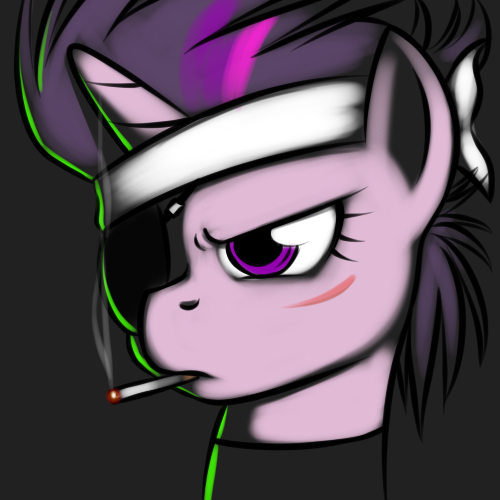 Size: 500x500 | Tagged: artist:kloudmutt, cigarette, derpibooru import, eyepatch, future twilight, headband, safe, scar, smoking, solo, twilight sparkle