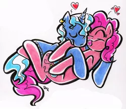 Size: 840x729 | Tagged: safe, artist:littletiger488, derpibooru import, pinkie pie, pokey pierce, earth pony, pony, unicorn, female, licking, male, pokeypie, shipping, straight, traditional art