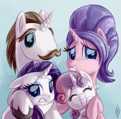 Size: 724x709 | Tagged: safe, artist:whitediamonds, derpibooru import, cookie crumbles, hondo flanks, rarity, sweetie belle, pony, unicorn, cookieflanks, cute, earring, family, family photo, female, filly, floppy ears, grimace, male, mare, rarity's parents, stallion