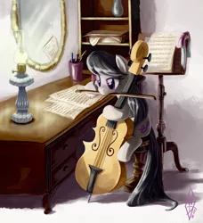 Size: 1094x1200 | Tagged: safe, artist:whitediamonds, derpibooru import, octavia melody, earth pony, pony, bow (instrument), cello, female, lamp, mare, mirror, mouth hold, musical instrument, photoshop, quill, sheet music, sitting, solo, writing