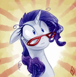 Size: 688x701 | Tagged: safe, artist:whitediamonds, derpibooru import, rarity, pony, unicorn, abstract background, bust, female, floppy ears, glasses, mare, messy mane, rarity's glasses, solo, surprise face, surprised