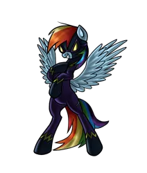 Size: 869x1026 | Tagged: artist:myhysteria, bipedal, clothes, corrupted, costume, derpibooru import, goggles, grin, rainbow dash, safe, shadowbolt dash, shadowbolts, shadowbolts costume, simple background, smiling, smirk, transparent background