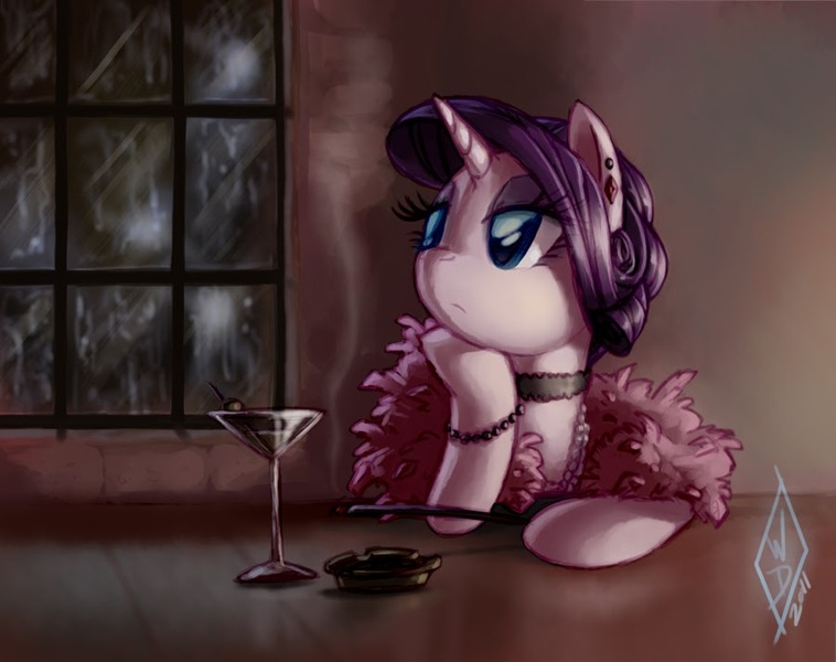 Size: 900x712 | Tagged: safe, artist:whitediamonds, derpibooru import, rarity, pony, unicorn, 1930s, alcohol, ashtray, bored, bracelet, choker, cigarette, cigarette holder, clothes, commission, dark, dress, drink, ear piercing, earring, eyeshadow, feather boa, female, frown, glass, hoof hold, image, jewelry, jpeg, leaning, lidded eyes, looking back, looking up, makeup, mare, martini, martini glass, necklace, pearl, piercing, rain, smoke, smoking, solo, window, wine