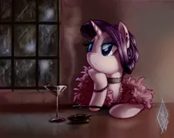 Size: 900x712 | Tagged: safe, artist:whitediamonds, derpibooru import, rarity, pony, unicorn, alcohol, ashtray, bored, bracelet, choker, cigarette, cigarette holder, clothes, dark, dress, drink, ear piercing, earring, eyeshadow, feather boa, female, frown, glass, hoof hold, jewelry, leaning, lidded eyes, looking back, looking up, makeup, mare, martini, martini glass, necklace, pearl, piercing, rain, smoke, smoking, solo, window, wine
