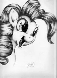 Size: 1951x2679 | Tagged: safe, artist:carlotta-guidicelli, derpibooru import, ponibooru import, pinkie pie, pony, bust, cute, grayscale, happy, monochrome, open mouth, pencil drawing, portrait, smiling, solo, traditional art