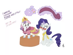 Size: 1444x1089 | Tagged: artist:carnifex, clothes, colored, crown, derpibooru import, dialogue, dress, glasses, jewelry, measuring tape, rarity, rarity's glasses, regalia, safe, sweetie belle