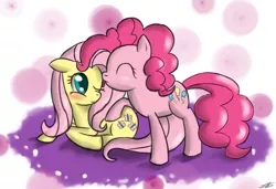 Size: 900x617 | Tagged: artist:speccysy, blushing, derpibooru import, female, flutterpie, fluttershy, lesbian, licking, pinkie pie, safe, shipping