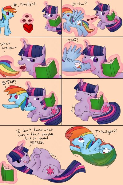 Size: 853x1280 | Tagged: questionable, semi-grimdark, artist:emeraldfur, derpibooru import, rainbow dash, twilight sparkle, pegasus, pony, unicorn, belly, book, chocolate, dialogue, eaten alive, female, females only, fetish, imminent death, imminent digestion, internal, licking, licking lips, magic, preydash, soft vore, stomach acid, stomach noise, swallowing, throat bulge, tongue out, twipred, unaware, unaware vore, unicorn twilight, vore