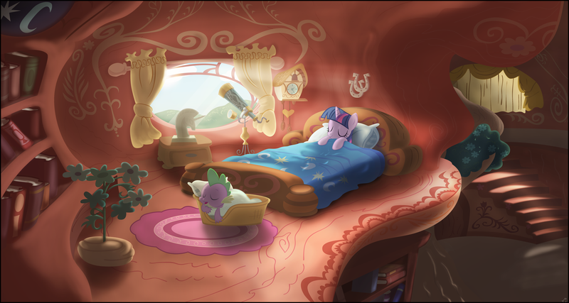 Size: 3000x1600 | Tagged: safe, artist:stinkehund, derpibooru import, spike, twilight sparkle, dragon, pony, unicorn, bed, bedroom, book, bookshelf, clock, cuckoo clock, dark, duo, female, golden oaks library, heartwarming, horseshoes, house plant, image, loft, male, mare, morning, photoshop, png, sleeping, telescope, twilight's bedroom, unicorn twilight, wallpaper, wholesome, window