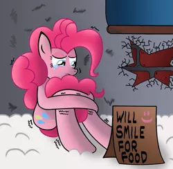 Size: 717x700 | Tagged: artist:ziemniax, begging, crying, derpibooru import, hard times, homeless, pinkie pie, sad, safe, shivering, sign, snow, will x for y