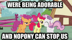 Size: 267x150 | Tagged: adorabloom, and nopony can stop me, animated, apple bloom, cute, cutealoo, cutie mark crusaders, derpibooru import, diasweetes, edit, edited screencap, hearts and hooves day, hearts and hooves day (episode), image macro, safe, scootaloo, screencap, skipping, sweetie belle, the perfect stallion
