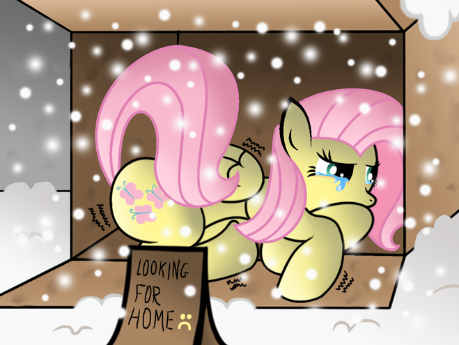 Size: 659x495 | Tagged: artist:ziemniax, cardboard box, crying, derpibooru import, fluttershy, hard times, homeless, sad, safe, shivering, sign, snow, snowfall