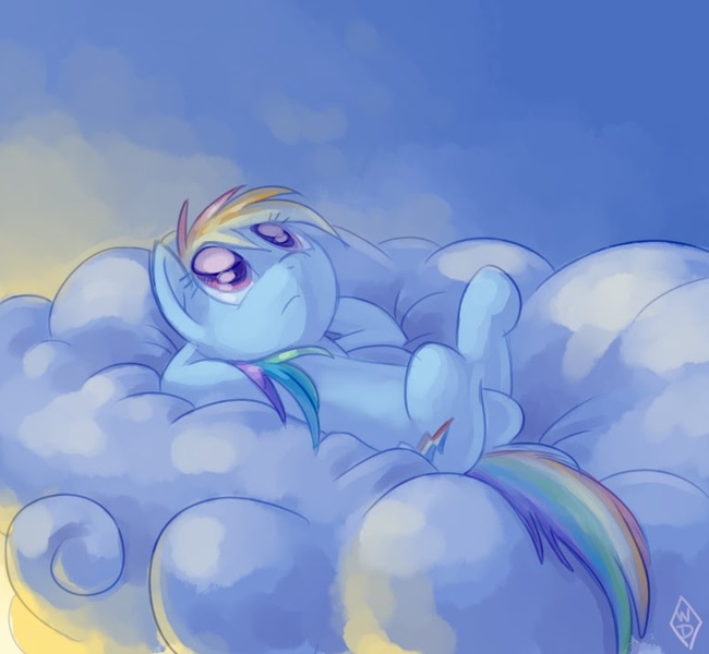 Size: 776x716 | Tagged: safe, artist:whitediamonds, derpibooru import, rainbow dash, pegasus, pony, 2011, cloud, crossed legs, cutie mark, female, hooves, looking up, lying down, lying on a cloud, mare, on a cloud, on back, sky, solo