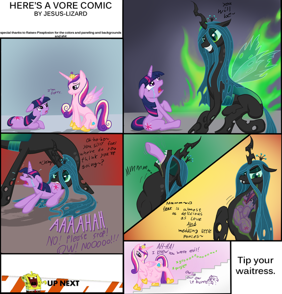 Size: 1180x1232 | Tagged: questionable, semi-grimdark, artist:jesus-lizard, derpibooru import, edit, princess cadance, queen chrysalis, twilight sparkle, changeling, changeling queen, pony, unicorn, belly, biting, blood, butt bite, butt first, crying, dialogue, digestion, disguise, disguised changeling, eaten alive, fake cadance, female, fetish, ghost host, image, inappropriate timing spongebob banner, male, mare, oral vore, png, preylight, spongebob laughs at your misery, spongebob squarepants, spongebob squarepants (character), stomach noise, throat bulge, vore, x-ray