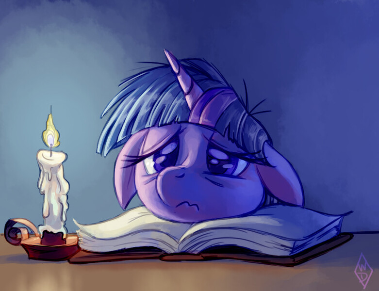 Size: 863x663 | Tagged: safe, artist:whitediamonds, derpibooru import, twilight sparkle, pony, unicorn, 3:, book, candle, female, floppy ears, mare, pouting, solo, tired