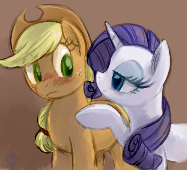 Size: 625x569 | Tagged: safe, artist:whitediamonds, derpibooru import, applejack, rarity, earth pony, pony, unicorn, applejack's hat, blushing, cowboy hat, female, hat, lesbian, mare, photoshop, raised hoof, rarijack, shipping