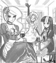 Size: 735x840 | Tagged: artist:johnjoseco, beatrice, bernkastel, breasts, busty princess celestia, cosplay, crossover, derpibooru import, female, grayscale, human, humanized, lambdadelta, monochrome, pinkie pie, princess celestia, safe, twilight sparkle, umineko no naku koro ni