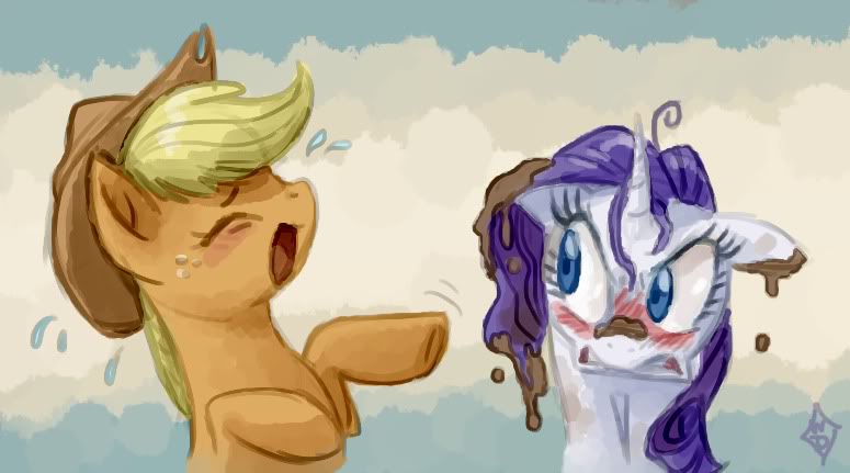 Size: 775x431 | Tagged: safe, artist:whitediamonds, derpibooru import, applejack, rarity, earth pony, pony, unicorn, angry, blushing, dirty, female, laughing, lesbian, mare, messy, mud, pointing, rarijack, rarity is not amused, shipping