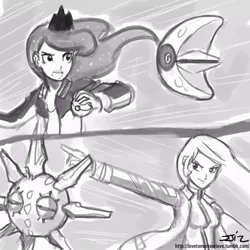 Size: 850x850 | Tagged: artist:johnjoseco, crossover, derpibooru import, grayscale, human, humanized, lunatone, monochrome, pokémon, princess celestia, princess luna, safe, solrock