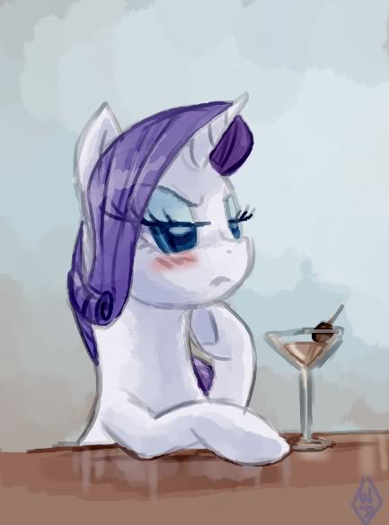 Size: 433x585 | Tagged: safe, artist:whitediamonds, derpibooru import, rarity, pony, unicorn, alcohol, annoyed, blushing, cocktail, drink, female, glass, mare, martini glass, solo