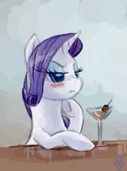 Size: 433x585 | Tagged: safe, artist:whitediamonds, derpibooru import, rarity, pony, unicorn, alcohol, annoyed, blushing, cocktail, drink, female, glass, mare, martini glass, solo