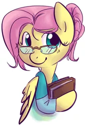 Size: 315x461 | Tagged: safe, artist:briskby, derpibooru import, fluttershy, pegasus, pony, alternate hairstyle, book, clothes, cute, female, glasses, mare, ponytail, simple background, smiling, solo, white background