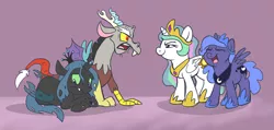 Size: 1100x525 | Tagged: safe, artist:spainfischer, derpibooru import, discord, princess celestia, princess luna, queen chrysalis, alicorn, changeling, changeling queen, draconequus, nymph, pony, angry, bully, bullying, cewestia, cute, cutealis, defending, discute, female, filly, filly queen chrysalis, foal, laughing, male, sad, woona, young discord, younger