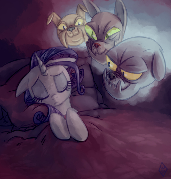 Size: 988x1032 | Tagged: safe, artist:whitediamonds, derpibooru import, fido, rarity, rover, spot, diamond dog, pony, unicorn, bed, female, male, mare, nightmare, sad, sleeping