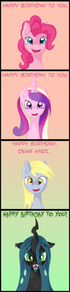 Size: 604x2518 | Tagged: safe, artist:ratofdrawn, derpibooru import, derpy hooves, pinkie pie, princess cadance, queen chrysalis, alicorn, changeling, changeling queen, earth pony, pegasus, pony, bust, dialogue, female, happy birthday, image, looking at you, mare, open mouth, png, portrait, sharp teeth, smiling, smiling at you, teeth, tongue out