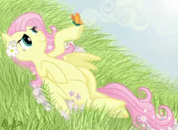 Size: 2600x1900 | Tagged: safe, artist:fuutachimaru, derpibooru import, fluttershy, butterfly, pegasus, pony, cute, female, flower, flower in hair, grass, looking at something, mare, on back, raised hoof, shyabetes, smiling, solo