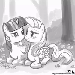 Size: 850x850 | Tagged: safe, artist:johnjoseco, derpibooru import, fluttershy, twilight sparkle, unicorn, :d, bedroom eyes, blushing, boop, colored pupils, cute, eye contact, female, flower, grayscale, lesbian, lidded eyes, looking at each other, monochrome, nature, noseboop, open mouth, shipping, shyabetes, smiling, tree, twiabetes, twishy, unicorn twilight