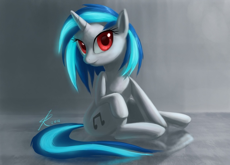 Size: 1208x863 | Tagged: safe, artist:raikoh, derpibooru import, vinyl scratch, pony, unicorn, female, glowing mane, looking at you, mare, photoshop, red eyes, sitting, solo
