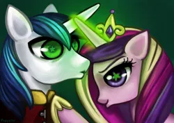 Size: 1158x818 | Tagged: safe, artist:poppeto, derpibooru import, princess cadance, queen chrysalis, shining armor, alicorn, pony, unicorn, disguise, disguised changeling, duo, evil enchantress, fake cadance, female, frown, glowing horn, horn, image, jpeg, male, mare, mind control, signature, smiling, smirk, stallion, starry eyes, wingding eyes