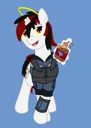 Size: 2056x2880 | Tagged: safe, artist:irkengeneral, derpibooru import, oc, oc:blackjack, unofficial characters only, pony, unicorn, fallout equestria, fallout equestria: project horizons, fanfic, alcohol, blue background, bottle, clothes, cutie mark, fanfic art, female, glowing horn, high res, hooves, horn, levitation, magic, mare, open mouth, pipbuck, security armor, simple background, solo, telekinesis, vault security armor, vault suit, whiskey