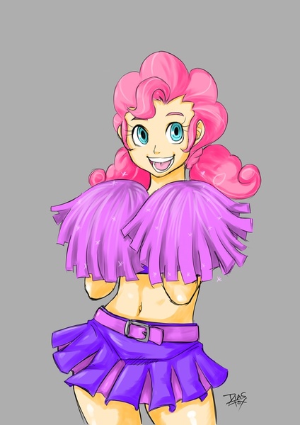 Size: 700x990 | Tagged: artist:diasfox, belly button, cheerleader, clothes, cute, derpibooru import, diapinkes, female, gray background, human, humanized, midriff, pinkie pie, safe, simple background, skirt, solo