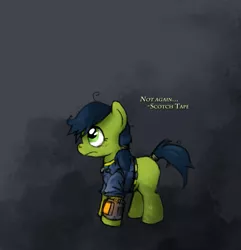 Size: 885x918 | Tagged: safe, artist:fore-trekker, derpibooru import, oc, oc:scotch tape, unofficial characters only, pony, fallout equestria, fallout equestria: project horizons, fanfic, clothes, fanfic art, female, hooves, mare, pipbuck, solo, vault suit