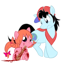 Size: 700x700 | Tagged: semi-grimdark, artist:perfectpinkwater, derpibooru import, ponified, earth pony, pony, baseball bat, blood, earthbound, earthbound beginnings, female, filly, mouth hold, ninten, pippi
