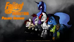 Size: 1366x768 | Tagged: safe, artist:fore-trekker, derpibooru import, oc, oc:blackjack, oc:lacunae, oc:morning glory (project horizons), oc:p-21, oc:rampage, oc:scotch tape, unofficial characters only, alicorn, cyborg, earth pony, pegasus, pony, unicorn, fallout equestria, fallout equestria: project horizons, fanfic, armor, artificial alicorn, barbed wire, fanfic art, female, grin, gritted teeth, hooves, horn, male, mare, prosthetic leg, purple alicorn (fo:e), smiling, stallion, wings