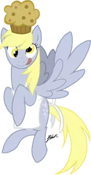 Size: 420x800 | Tagged: safe, artist:caycowa, derpibooru import, derpy hooves, pegasus, pony, apron, clothes, female, mare, muffin, solo