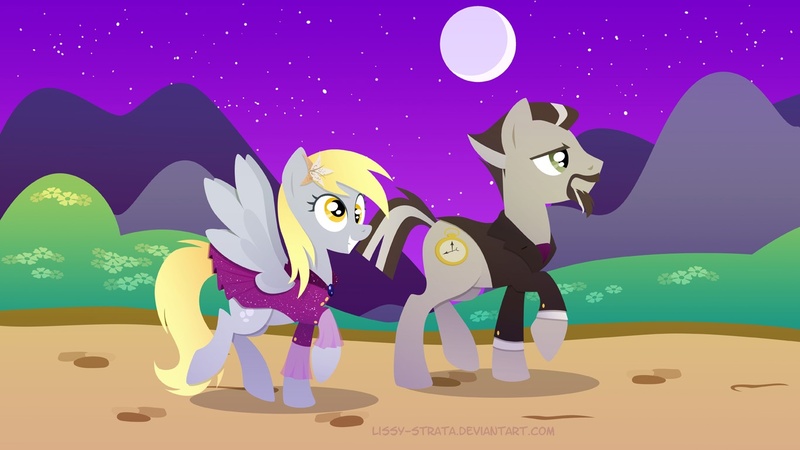 Size: 1366x768 | Tagged: safe, artist:lissystrata, derpibooru import, derpy hooves, ponified, earth pony, pegasus, pony, clothes, doctor who, dress, female, flower, flower in hair, gala, gala dress, male, mare, night, photoshop, roger delgado, stallion, the master