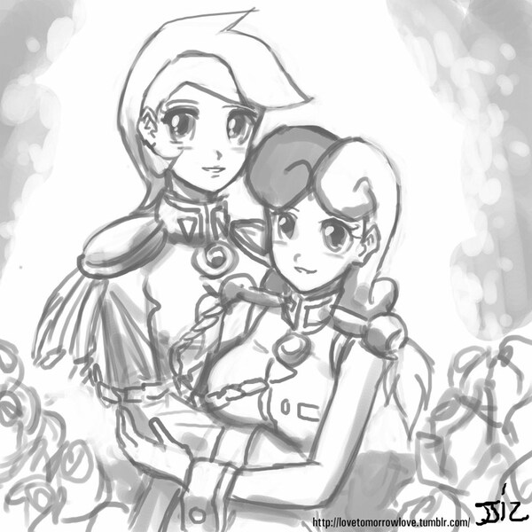 Size: 805x805 | Tagged: safe, artist:johnjoseco, derpibooru import, bon bon, lyra heartstrings, sweetie drops, human, anthy himemiya, breasts, busty bon bon, crossover, female, grayscale, hilarious in hindsight, humanized, lesbian, lyrabon, marriage, monochrome, revolutionary girl utena, shipping, utena tenjou, wedding